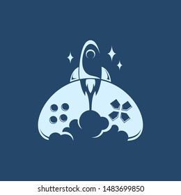 joystick with moon and rocket logo vector. space gaming illustration. unique controller pad symbol. modern game play design