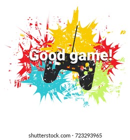 Joystick on color spots background . Grunge vector illustration