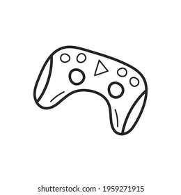 A joystick for playing a game console on a computer or TV. Gamepad with doodle style buttons. The outline of the icon drawn by hand. Vector illustration, isolated elements on a white background.