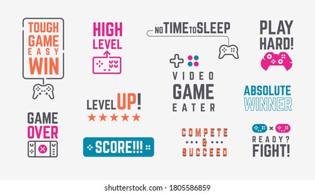 Joystick quotes. Retro gamepad banners with slogans and console game controllers, print for t-shirts. Vector graphics gaming label set