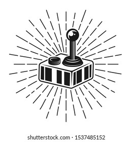 Joystick for retro console with sunburst rays vector monochrome illustration in vintage style isolated on white background