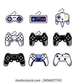 Joystick retro game 90's video game console pixel art vector illustration collection