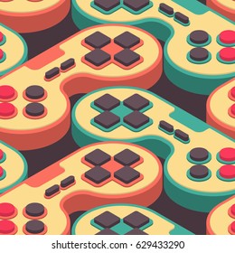 Joystick retro seamless pattern. Gampad Game console 8 bit texture. Retro video game control background
