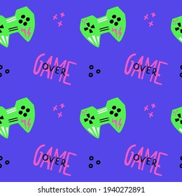 Joystick seamless pattern. Bright modern cartoon video game, gamepad for console or pc. Gamer geek modern background. Decoration textile, wrapping paper wallpaper, vector trendy print or fabric