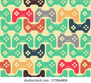 Joystick seamless pattern. Retro gamepad texture. Vintage video game accessory background. console gadget ornament