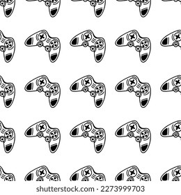 Joystick seamless vector pattern. Game console symbol. Gamepad for games, entertainment. Modern gadget, gaming equipment. Simple black outline isolated on white. Background for wallpaper, web