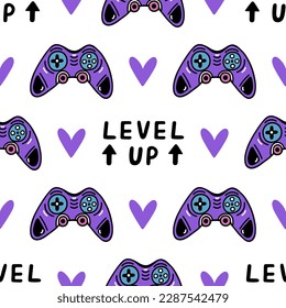 Joystick seamless vector pattern. Game console symbol. Gamepad for entertainment, 3D, VR. Modern gadget, gaming equipment. Love of video games, level up. Flat cartoon background for wallpaper, web