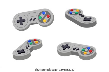 Joystick set different angles. Gamepad console retro control. Play symbol controller icon. Video joypad vector flat design.