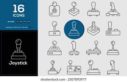  Joystick set of outline icons related to analysis, infographic, analytics. Editable stroke. Vector illustration.