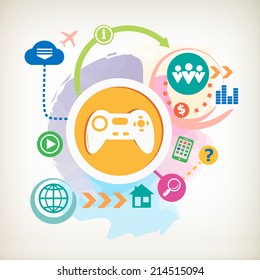Joystick sign icon and cloud on abstract colorful watercolor background with different icon and elements. Flat design for the  advertising, print, banner.