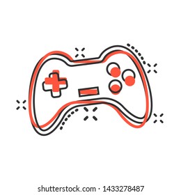 Joystick sign icon in comic style. Gamepad vector cartoon illustration on white isolated background. Gaming console controller business concept splash effect.