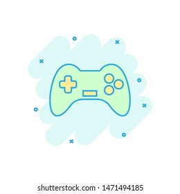 Joystick sign icon in comic style. Gamepad vector cartoon illustration on white isolated background. Gaming console controller business concept splash effect.