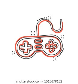 Joystick sign icon in comic style. Gamepad vector cartoon illustration on white isolated background. Gaming console controller business concept splash effect.