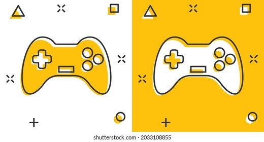 Joystick sign icon in comic style. Gamepad vector cartoon illustration on white isolated background. Gaming console controller business concept splash effect.