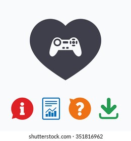Joystick sign icon. Like Video game symbol. Information think bubble, question mark, download and report.