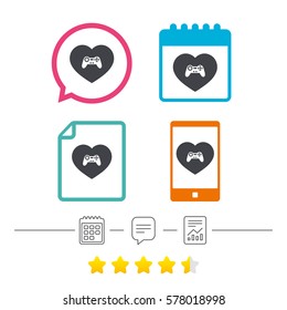 Joystick sign icon. Like Video game symbol. Calendar, chat speech bubble and report linear icons. Star vote ranking. Vector