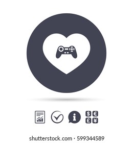 Joystick sign icon. Like Video game symbol. Report document, information and check tick icons. Currency exchange. Vector