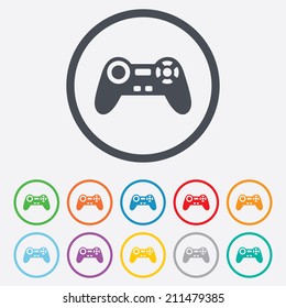 Joystick sign icon. Video game symbol. Round circle buttons with frame. Vector