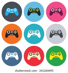 Joystick sign icon. Video game symbol. Colored round buttons. Flat design circle icons set. Vector