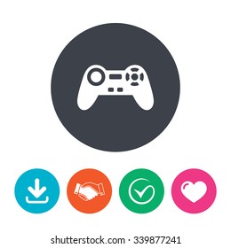 Joystick sign icon. Video game symbol. Download arrow, handshake, tick and heart. Flat circle buttons.
