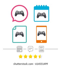 Joystick sign icon. Video game symbol. Calendar, chat speech bubble and report linear icons. Star vote ranking. Vector