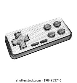 Joystick silhouette consisting of black dots and particles. 3D vector wireframe of a gamepad controller device with a grain texture. Abstract geometric icon with dotted structure isolated on white