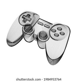 Joystick silhouette consisting of black dots and particles. 3D vector wireframe of a gamepad controller device with a grain texture. Abstract geometric icon with dotted structure isolated on white