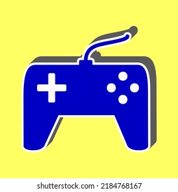 Joystick simple sign. Blue Icon with white stroke in 3d at yellow Background. Illustration.