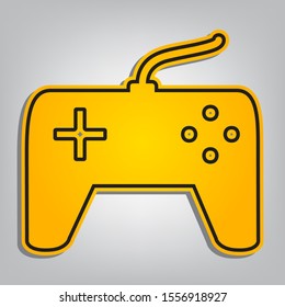 Joystick simple sign. Flat orange icon with overlapping linear black icon with gray shadow at whitish background. Illustration.