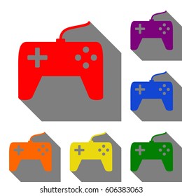 Joystick simple sign. Set of red, orange, yellow, green, blue and violet icons at white background with flat shadow.