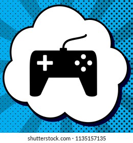 Joystick simple sign. Vector. Black icon in bubble on blue pop-art background with rays.