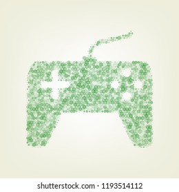 Joystick simple sign. Vector. Green hexagon rastered icon and noised opacity and size at light green background with central light.
