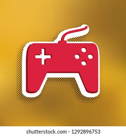 Joystick simple sign. Vector. Magenta icon with darker shadow, white sticker and black popart shadow on golden background.
