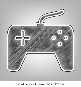 Joystick simple sign. Vector. Pencil sketch imitation. Dark gray scribble icon with dark gray outer contour at gray background.