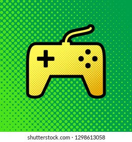 Joystick simple sign. Vector. Pop art orange to yellow dots-gradient icon with black contour at greenish background.
