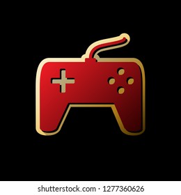 Joystick simple sign. Vector. Red icon with small black and limitless shadows at golden sticker on black background.
