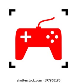 Joystick simple sign. Vector. Red icon inside black focus corners on white background. Isolated.
