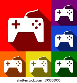 Joystick simple sign. Vector. Set of icons with flat shadows at red, orange, yellow, green, blue and violet background.