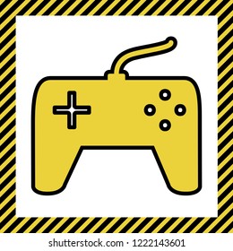 Joystick simple sign. Vector. Warm yellow icon with black contour in frame named as under construction at white background. Isolated.
