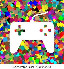 Joystick simple sign. Vector. White icon on colorful background with seamless pattern from squares.