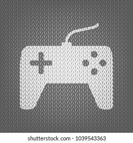 Joystick simple sign. Vector. White knitted icon on gray knitted background. Isolated.