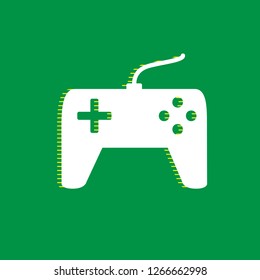 Joystick simple sign. Vector. White flat icon with yellow striped shadow at green background.