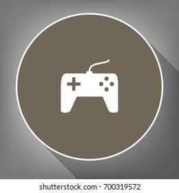 Joystick simple sign. Vector. White icon on brown circle with white contour and long shadow at gray background. Like top view on postament.