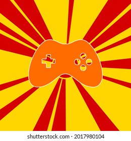 Joystick symbol on a background of red flash explosion radial lines. The large orange symbol is located in the center of the sun, symbolizing the sunrise. Vector illustration on yellow background