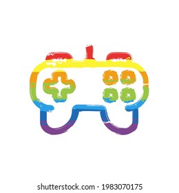Joystick of video console, game controller, simple icon. Drawing sign with LGBT style, seven colors of rainbow (red, orange, yellow, green, blue, indigo, violet