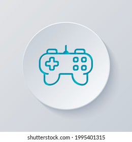 Joystick of video console, game controller, simple icon. Cut circle with gray and blue layers. Paper style