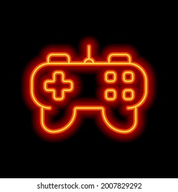 Joystick of video console, game controller, simple icon. Orange neon style on black background. Light linear icon with editable stroke