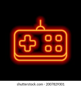 Joystick of video console, game controller, simple icon. Orange neon style on black background. Light linear icon with editable stroke