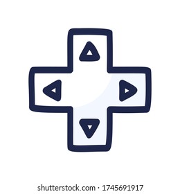 Joystick para la dirección de la flecha del videojuego. Botones del controlador dibujados a mano en un icono vectorial de estilo doodle. Ilustración del vector