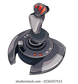 Joystick für eine Videospielkonsole oder einen Computer. Es hat eine graue Basis mit schwarzen Akzenten und einem ergonomischen Griff. Die Oberseite des Joysticks ist mit roten Knöpfen verziert, 